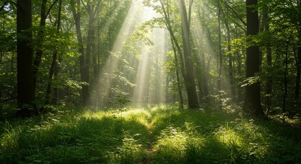 Obraz premium Sunlight Dappled Forest Path - Serene forest scene, sunlight streams through leaves, creating a mystical path. Symbolizes peace, nature's beauty, hope, renewal, and tranquility