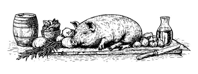 Obraz premium Rustic kitchen display featuring an intricately detailed engraved illustration of a pig surrounded by various ingredients and utensils