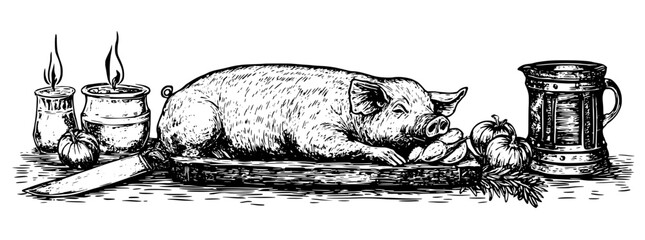Obraz premium Engraved illustration of a rustic kitchen scene with a pig, candles, and a sturdy knife showcasing culinary tradition