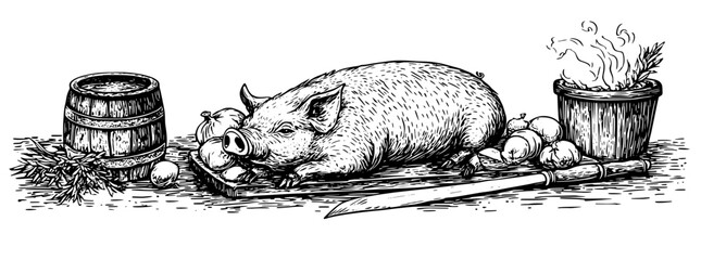 Obraz premium Engraved illustration of a rustic kitchen featuring a pig, fresh vegetables, and cooking utensils