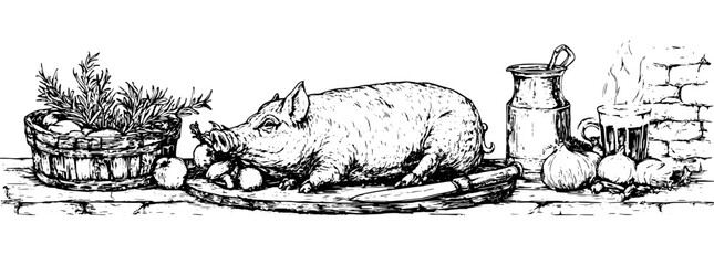Obraz premium Engraved depiction of a rustic kitchen setting featuring a pig, fresh herbs, and kitchen utensils on a wooden table