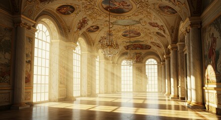 Obraz premium Sunlit Palace Hallway - Majestic palace hallway bathed in sunlight, showcasing ornate architecture, tall windows, and painted ceilings. Elegant and spacious