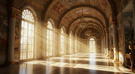 Obraz premium Sunlit Palace Hallway - Sunbeams stream through tall windows in a grand palace hallway, illuminating ornate details and a polished floor
