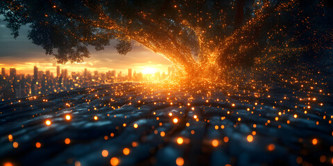 A stunning representation of a global digital network, featuring interconnected nodes, glowing data streams, and a sunrise over the Earth. The image symbolizes global connectivity, blockchain technolo