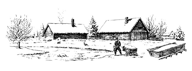 Obraz premium Engraved illustration of a rustic village landscape with a figure near a serene pond in winter