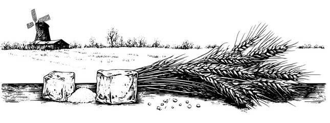 Obraz premium Engraved illustration showcasing wheat, salt, and a windmill in a pastoral landscape during harvest time