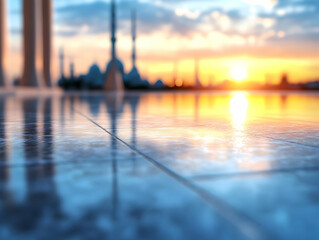 Obraz premium Sunset view of a mosque reflected in a polished floor, peaceful evening scene. Ideal for travel brochures, websites, and tourism promotion