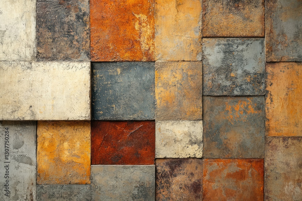 Poster abstract square tile wall with earthy tones, showing texture and variations in color.