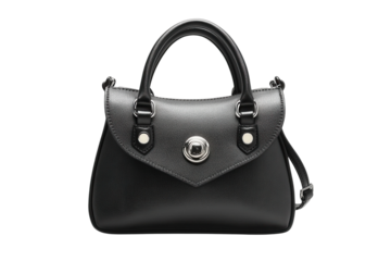Elegant black handbag with a structured design and silver hardware displayed against a simple background