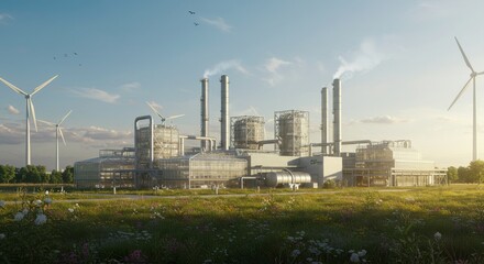Obraz premium Sustainable Chemical Plant: A Futuristic - Eco-friendly chemical production, renewable energy, clean technology, sustainable manufacturing, environmental responsibility