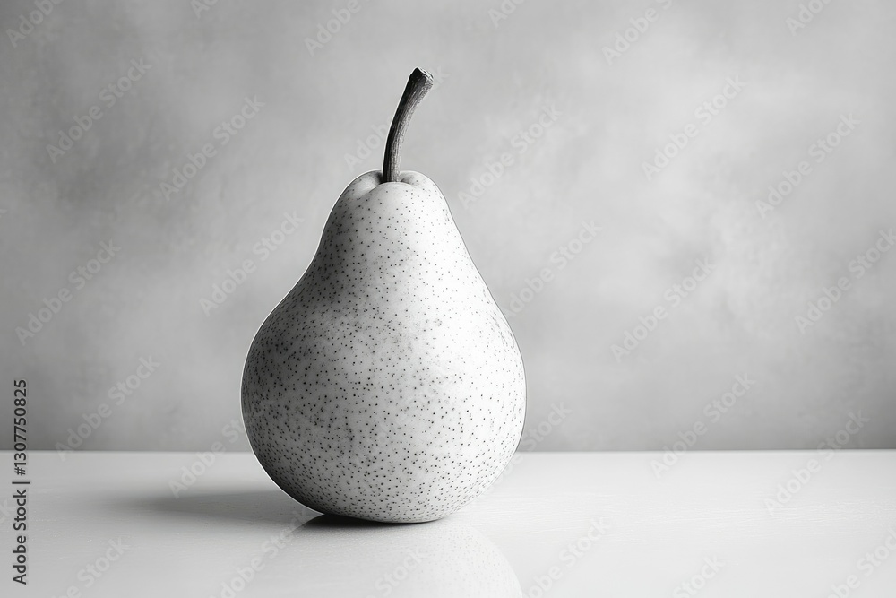 Poster a grayscale image showcasing a single speckled pear on a minimalist white surface against a muted gr