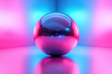A reflective sphere illuminated by vibrant pink and blue neon lights in a minimalist setting.