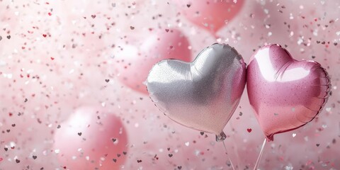 Colorful heart-shaped balloons and confetti create a festive atmosphere for a celebration or special occasion indoors