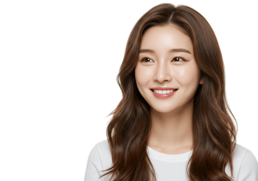 A girl looking at one side and smiling isolated on transparent png background best for banner design