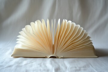 A book open wide, pages fanned like a delicate, creamy fan, showcasing texture and light.