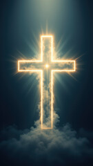 Fototapeta premium Illustration of a glowing cross against a dark sky with clouds.