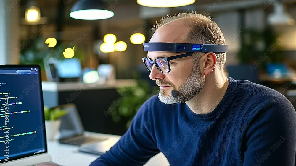 Poster a developer working on a laptop in a contemporary office environment, focused on creating software s
