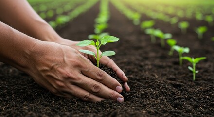 Tender Hands Planting a Seedling - Nurturing new life, growth, environmental care, sustainable future, hands planting a young plant