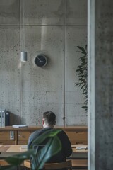 Manager Reviewing Reports in Minimalist Office with Digital Clock and Plant