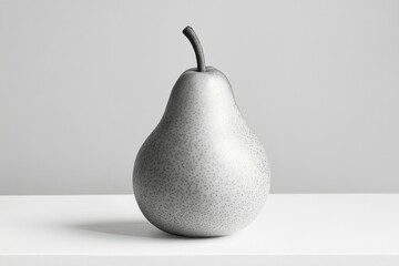 A single, grey pear sits on a white surface against a light grey background.
