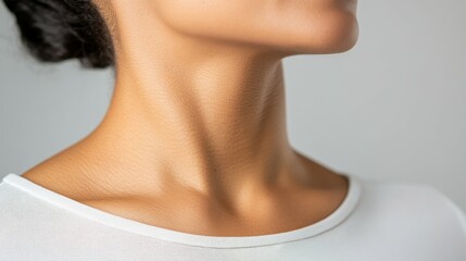 Soft, neutral lighting highlights the graceful contour of a woman's neck and shoulder. The minimalist approach emphasizes natural beauty and elegance without distraction