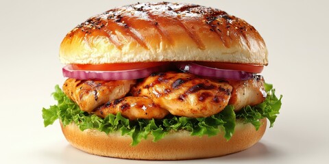 Grilled chicken sandwich loaded with fresh vegetables on a soft bun ready to be enjoyed