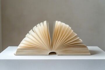 A book lies open, its pages fanned out like a delicate, creamy fan, showcasing the beauty of paper and print.