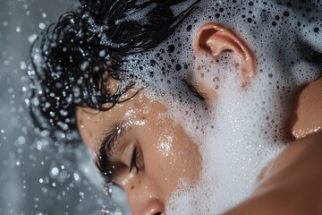 Fototapeta premium Man washing hair with shampoo, creating rich foam. Refreshing hygiene and self-care concept. Ideal for grooming, haircare, wellness, and personal hygiene promotions