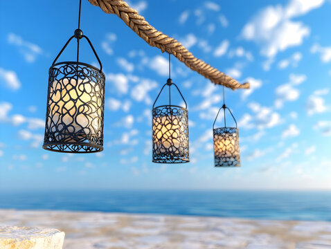 Three elegant lanterns hang from a rope against a tranquil ocean backdrop, creating a serene beachside ambiance ideal for wedding invitations or travel brochures