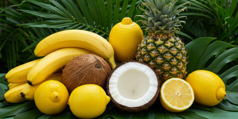 Tropical Fruit Abundance - A vibrant collection of fresh tropical fruits including bananas, lemons, pineapple, and coconuts, arranged on lush green leaves