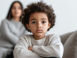 Obraz premium Upset little child feeling lonely and resentful after parents arguing, family problems, divorce and separation concept