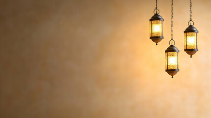 Three illuminated lanterns hang against a textured beige wall; ideal for Ramadan, Eid, or Islamic celebrations