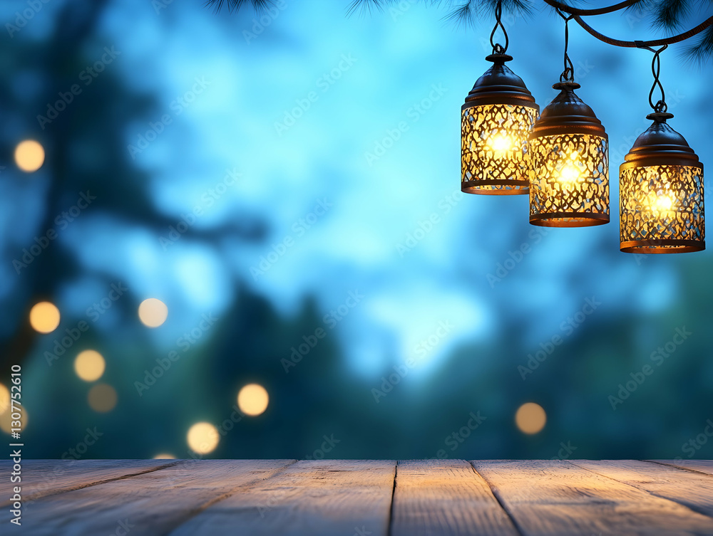Poster three illuminated lanterns hanging from a tree branch at twilight, with a wooden table in the foregr