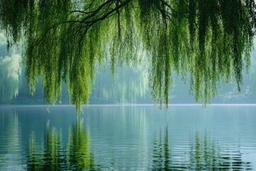 Serene weeping willows gracefully drape over a tranquil lake reflecting their verdant beauty.