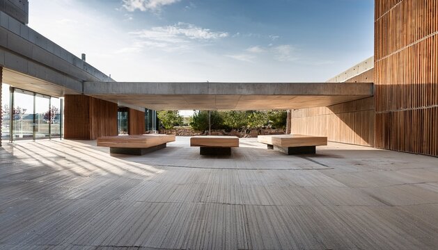 Espacio aislado con suelo de concreto al aire libre y bancas con un estilo moderno