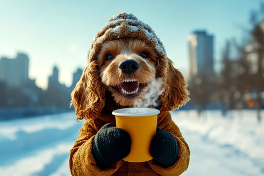 Happy cute baby dog cocker spaniel in winter warm clothes, holding steaming cup with rising steam in paws. Animal welfare. Mirthful pets. Pet winter warmers. Winter pet coats. Warm pet scarve.