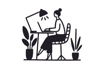 Woman working at home with laptop, plants, line art vector