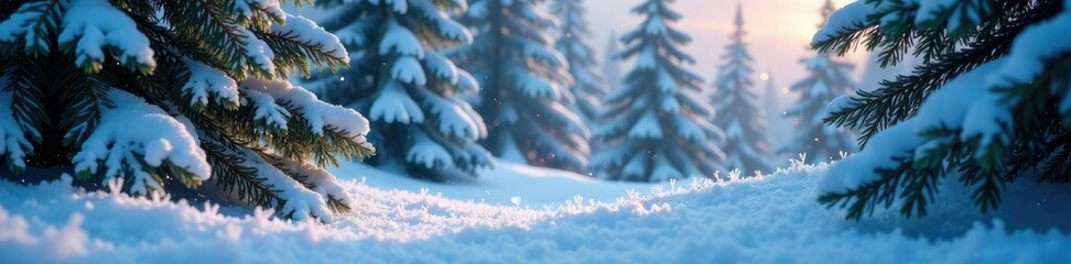 Snow-covered pine trees with glowing ice crystals, frosty atmosphere, evergreen trees