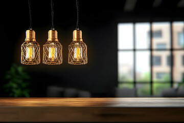 Obraz premium Three vintage pendant lights illuminate a dark wooden table against a blurred window backdrop of an urban building. Perfect for product displays or restaurant menus