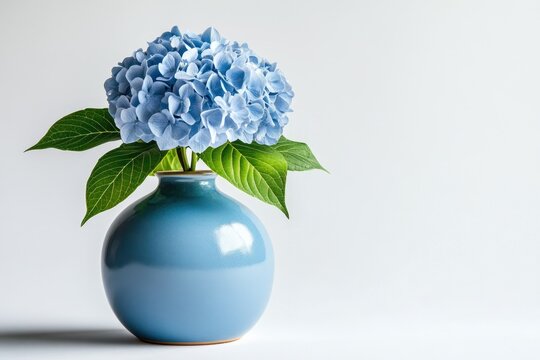 A single blue hydrangea blossom in a light blue ceramic vase against a white background.