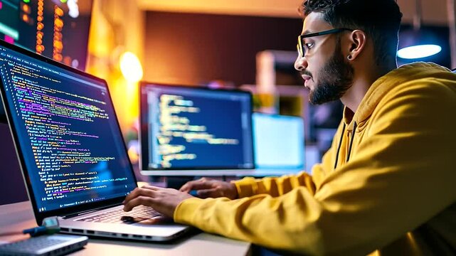 Innovative programmer working on code amidst dynamic data streams in a contemporary office setting.