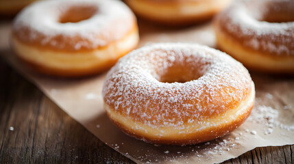 A close-up of doughnuts dusted with sugar
