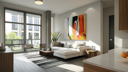 Modern apartment living room with city views