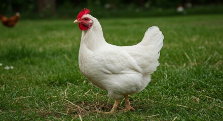 Fototapeta premium White Hen in Green Pasture - A single white hen stands in a lush green field, showcasing its healthy plumage and vibrant comb