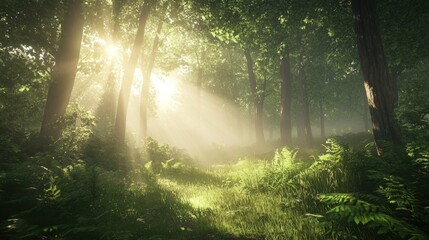 Obraz premium Sunbeams pierce misty forest path