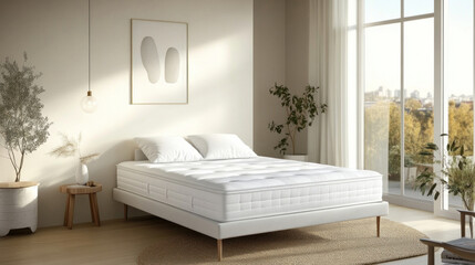 Comfortable mattress in modern minimalist bedroom with city view