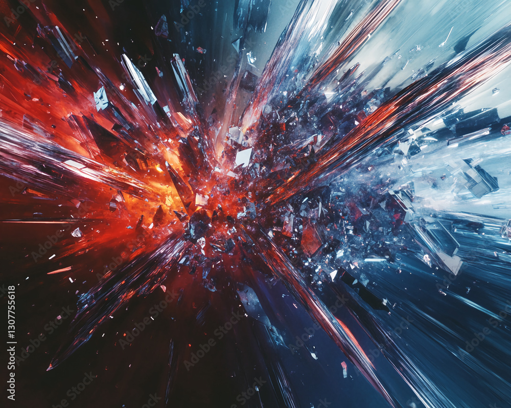 Poster abstract image of red and blue crystal shards exploding outwards, creating a dynamic and energetic v