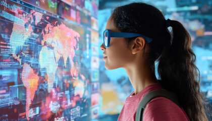 Curious student wearing smart glasses learning geography using interactive futuristic screen display