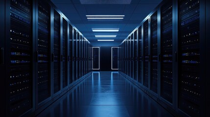 Fototapeta premium Futuristic data center with rows of illuminated server racks in a high-security environment, ideal for cloud computing, cybersecurity, and advanced IT infrastructure solutions