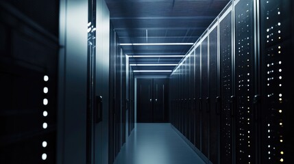 Modern data center corridor with illuminated server racks, showcasing advanced technology and secure network infrastructure, ideal for cloud computing, cybersecurity, and IT solutions